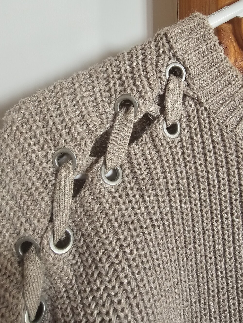 All Saints Lace-Up Grommet Knit Turtleneck in Taupe